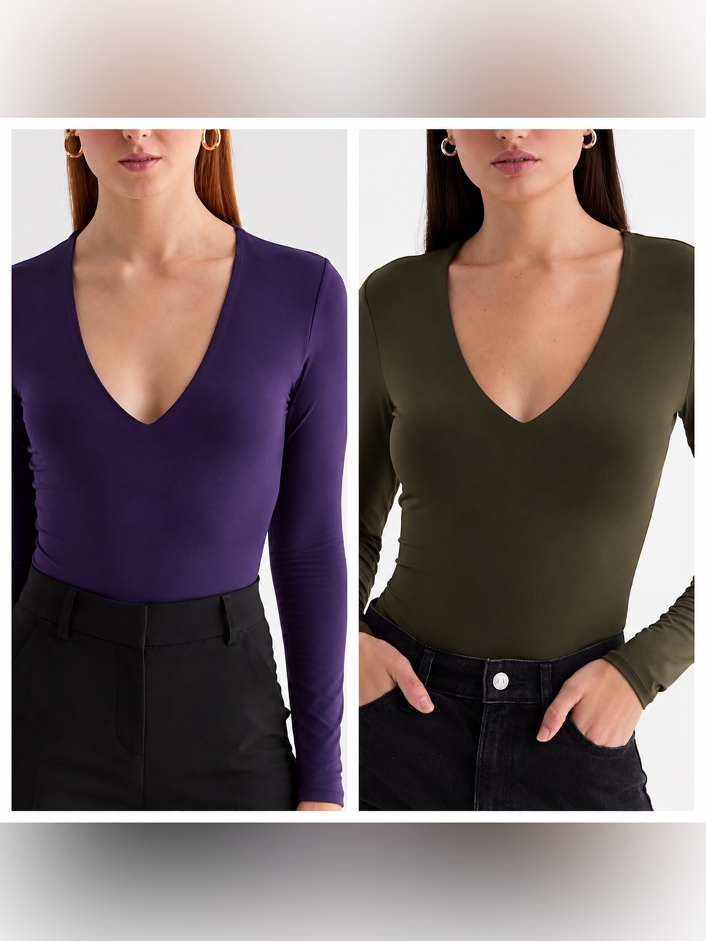 Express Body Contour V-Neck Long Sleeve Bodysuit Purple and Olive Green Size XS
